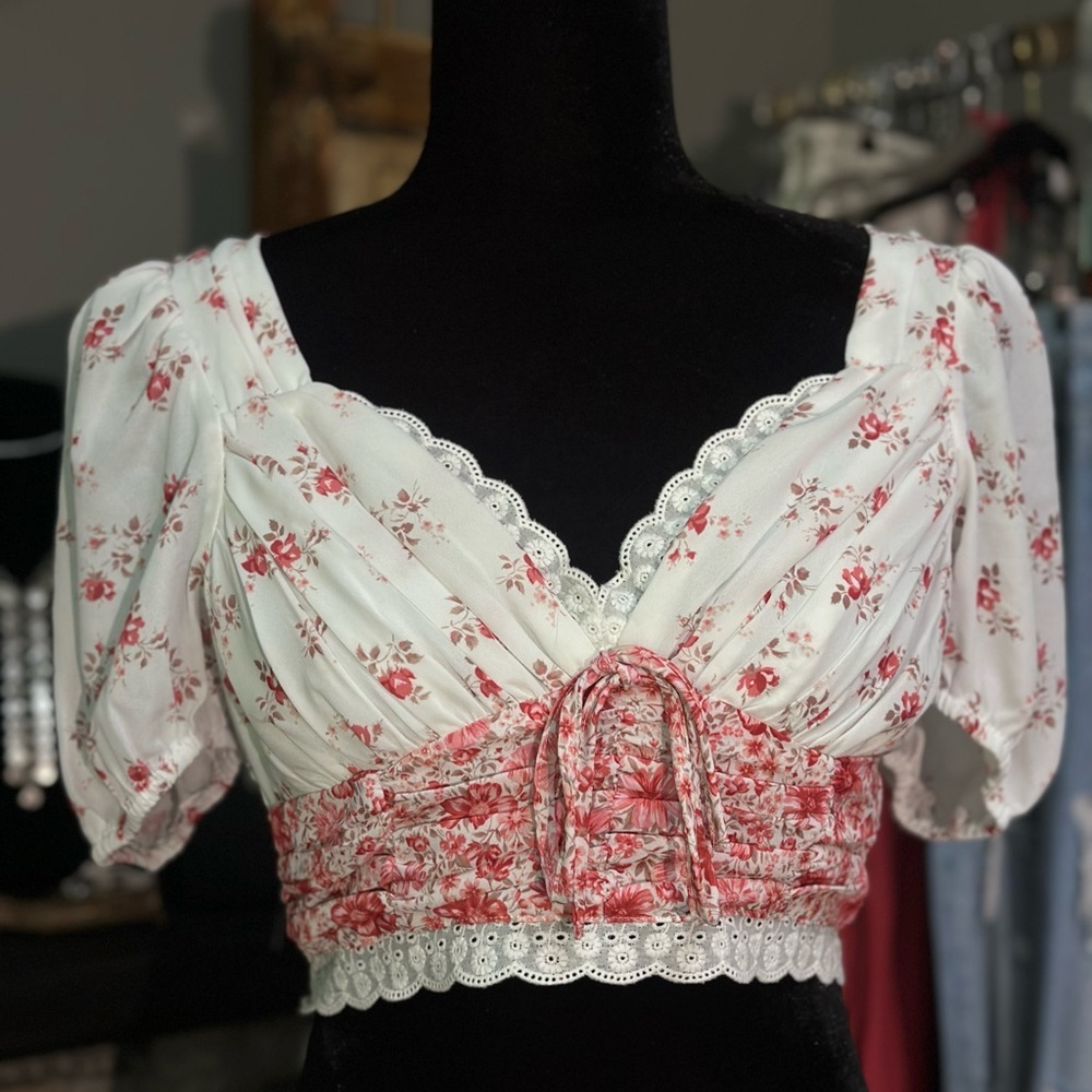 Altar'd State Floral Crop Top - Red and Off White